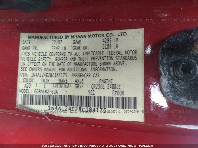 1N4AL24E28C184175 - 2008 NISSAN ALTIMA 2.5S RED photo 9