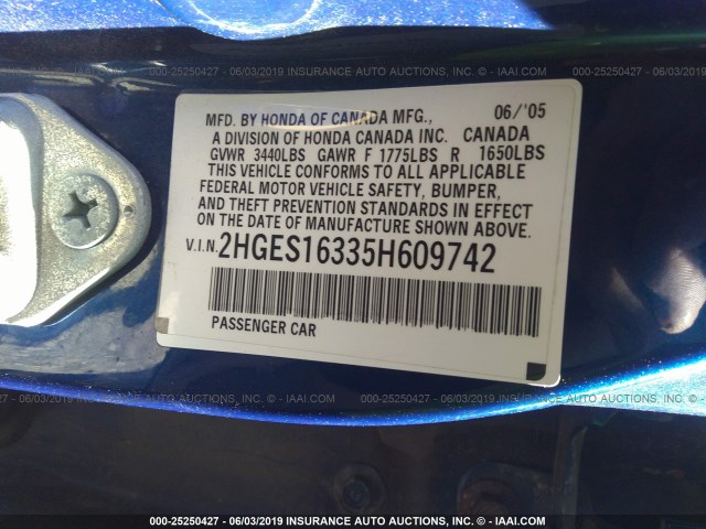 2HGES16335H609742 - 2005 HONDA CIVIC DX VP 蓝色 照片 9
