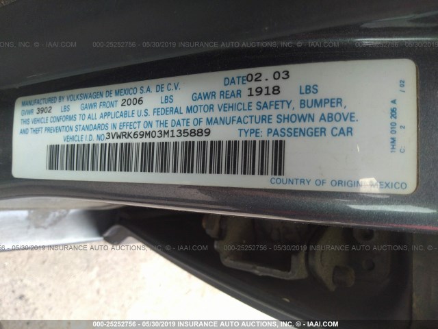 3VWRK69M03M135889 - 2003 VOLKSWAGEN JETTA GL GRAY photo 9