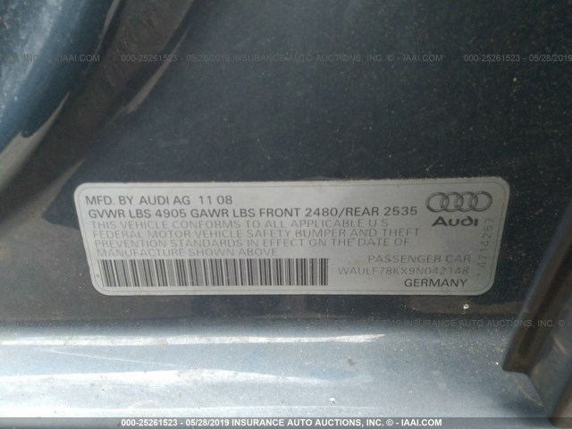 WAULF78KX9N042148 - 2009 AUDI A4 2.0T QUATTRO BLUE photo 9