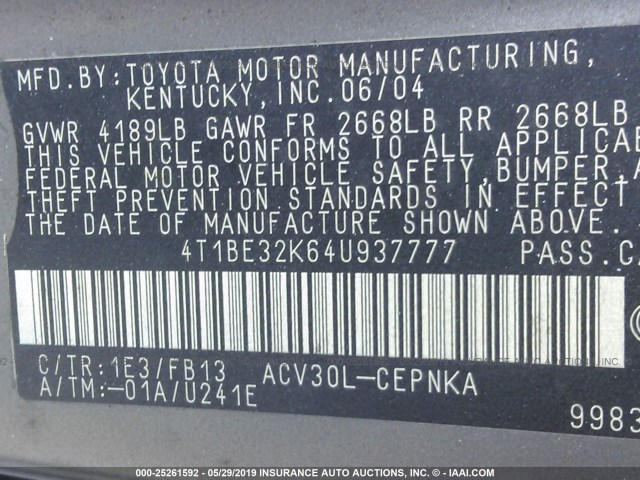 4T1BE32K64U937777 - 2004 TOYOTA CAMRY LE/XLE/SE GRAY photo 9