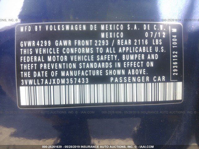 3VWLL7AJXDM357433 - 2013 VOLKSWAGEN JETTA TDI BLUE photo 9