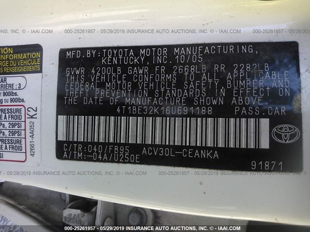 4T1BE32K16U691188 - 2006 TOYOTA CAMRY LE/XLE/SE WHITE photo 9