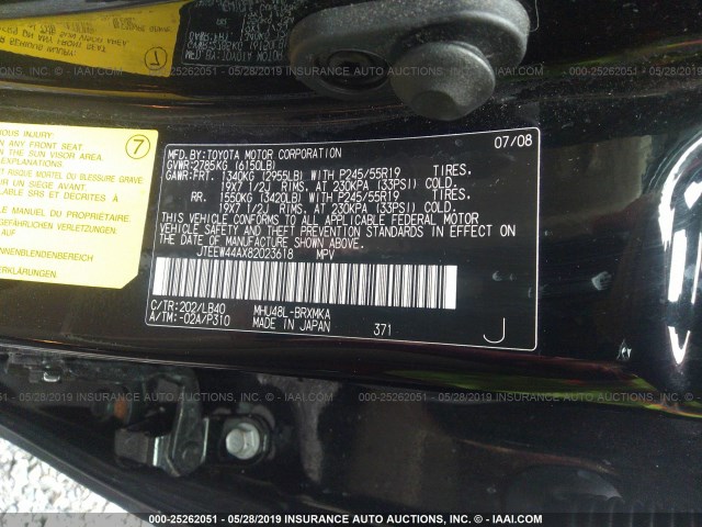 JTEEW44AX82023618 - 2008 TOYOTA HIGHLANDER HYBRID LIMITED BLACK photo 9