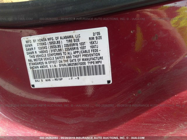 5FNRL38625B070200 - 2005 HONDA ODYSSEY EXL MAROON photo 9