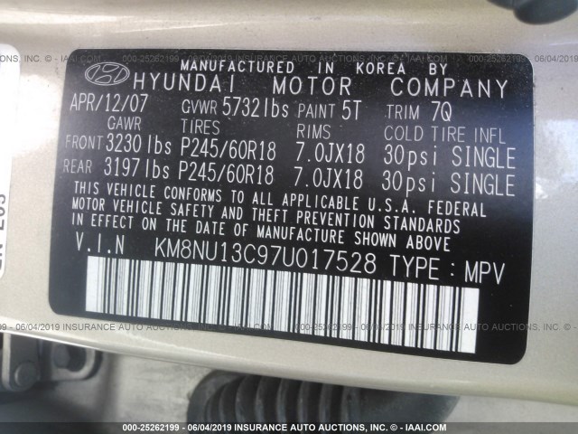 KM8NU13C97U017528 - 2007 HYUNDAI VERACRUZ GLS/SE/LIMITED GOLD photo 9