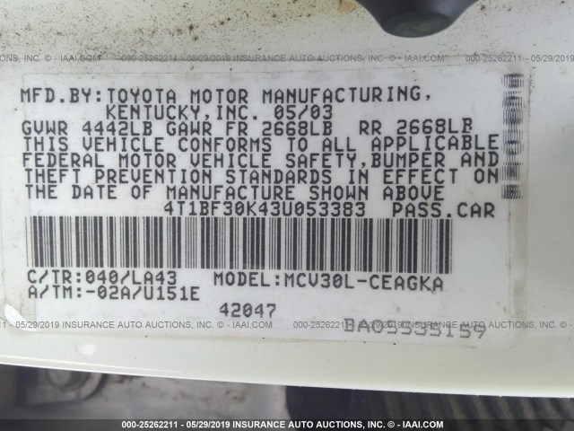 4T1BF30K43U053383 - 2003 TOYOTA CAMRY LE/XLE/SE WHITE photo 9