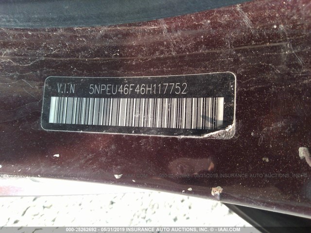 5NPEU46F46H117752 - 2006 HYUNDAI SONATA GLS/LX RED photo 9