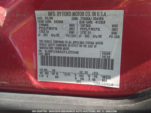 5LMFU28A2YLJ25348 - 2000 LINCOLN NAVIGATOR 红色 照片 9