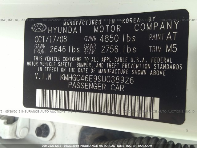 KMHGC46E99U038926 - 2009 HYUNDAI GENESIS 3.8L WHITE photo 9