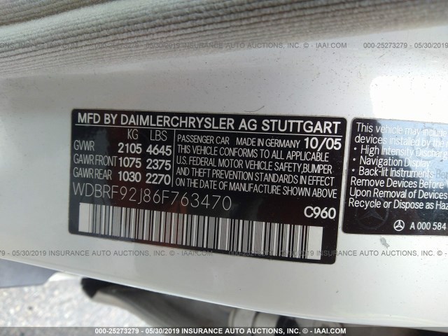 WDBRF92J86F763470 - 2006 MERCEDES-BENZ C 280 4MATIC WHITE photo 9