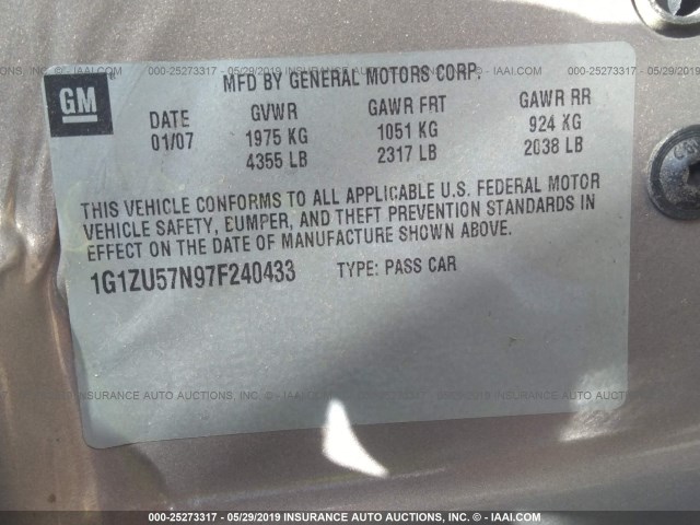 1G1ZU57N97F240433 - 2007 CHEVROLET MALIBU LTZ ოქროსფერი ფოტო 9