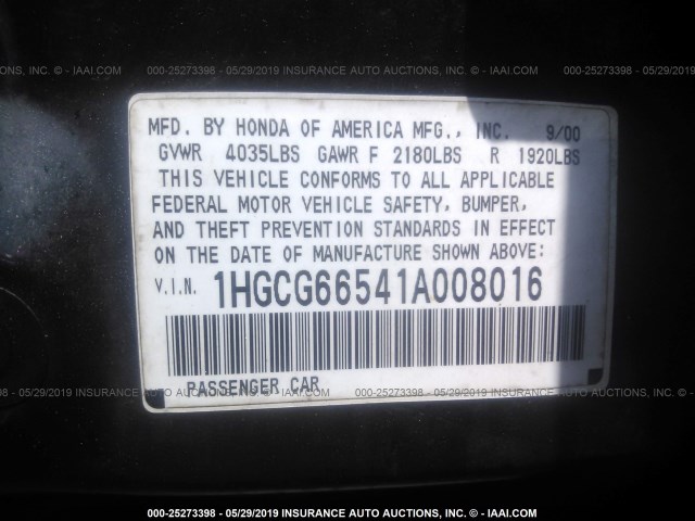 1HGCG66541A008016 - 2001 HONDA ACCORD LX 绿色 照片 9