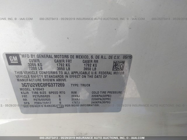 3GTU2VEC8FG377269 - 2015 GMC SIERRA K1500 SLT WHITE photo 9