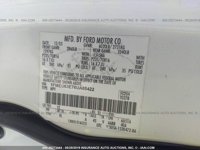 1FMEU63E76UA85422 - 2006 FORD EXPLORER XLT WHITE photo 9