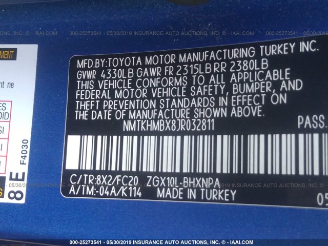 NMTKHMBX8JR032811 - 2018 TOYOTA C-HR XLE/XLE PREMIUM BLUE photo 9