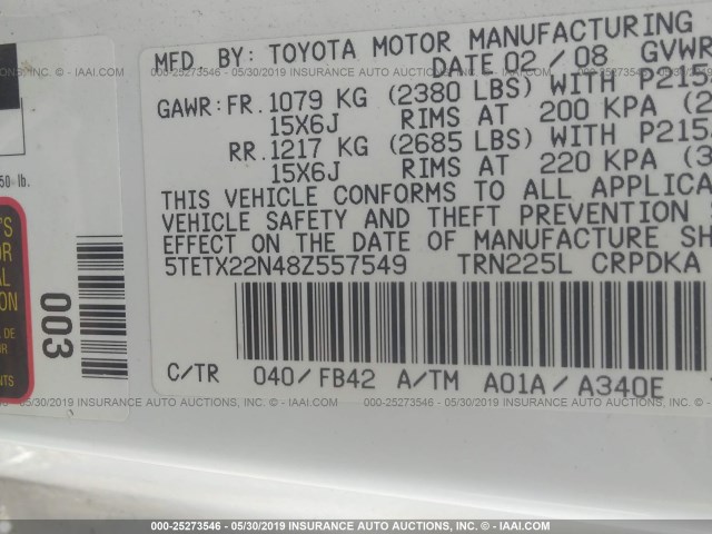 5TETX22N48Z557549 - 2008 TOYOTA TACOMA ACCESS CAB თეთრი ფოტო 9