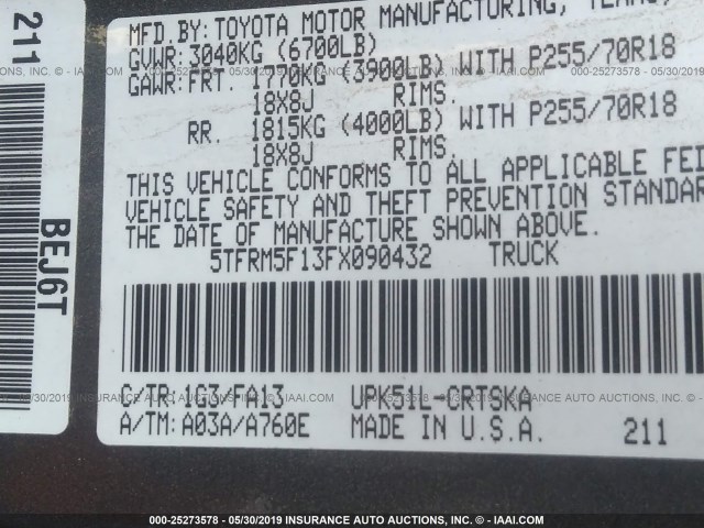 5TFRM5F13FX090432 - 2015 TOYOTA TUNDRA DOUBLE CAB SR/SR5 GRAY photo 9