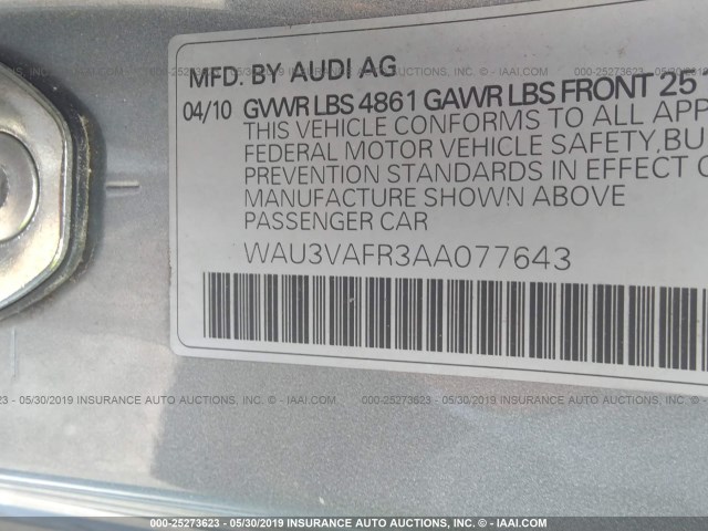 WAU3VAFR3AA077643 - 2010 AUDI S5 PRESTIGE GRAY photo 9