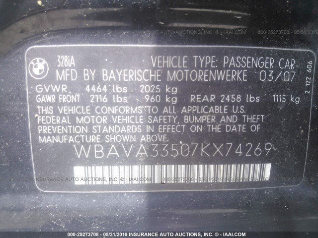 WBAVA33507KX74269 - 2007 BMW 328 I BLACK photo 9