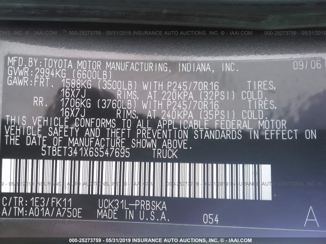 5TBET341X6S547695 - 2006 TOYOTA TUNDRA DOUBLE CAB SR5 GRAY photo 9