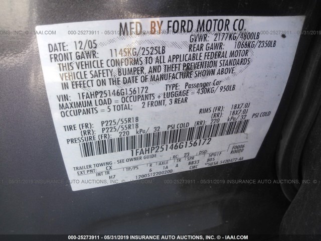 1FAHP25146G156172 - 2006 FORD FIVE HUNDRED LIMITED BROWN photo 9