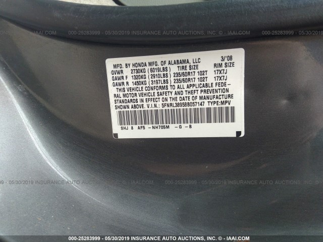 5FNRL38958B057147 - 2008 HONDA ODYSSEY TOURING GRAY photo 9