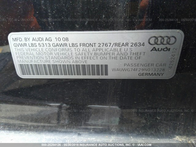 WAUWG74F29N013228 - 2009 AUDI A6 QUATTRO BLACK photo 9