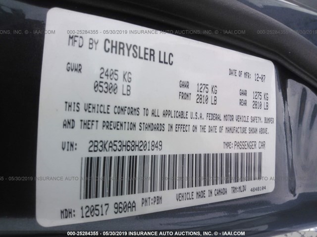 2B3KA53H68H201849 - 2008 DODGE CHARGER R/T GRAY photo 9