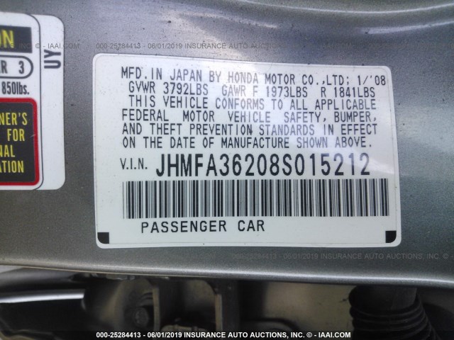 JHMFA36208S015212 - 2008 HONDA CIVIC HYBRID GRAY photo 9