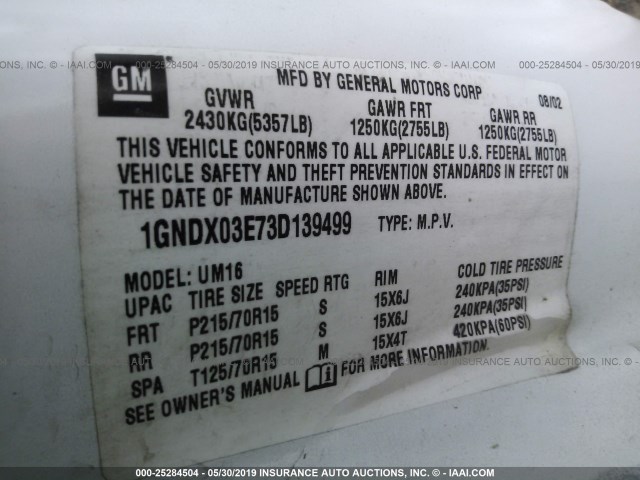 1GNDX03E73D139499 - 2003 CHEVROLET VENTURE WHITE photo 9