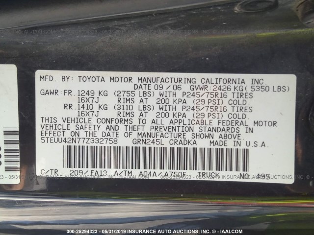 5TEUU42N77Z332758 - 2007 TOYOTA TACOMA ACCESS CAB შავი ფოტო 9