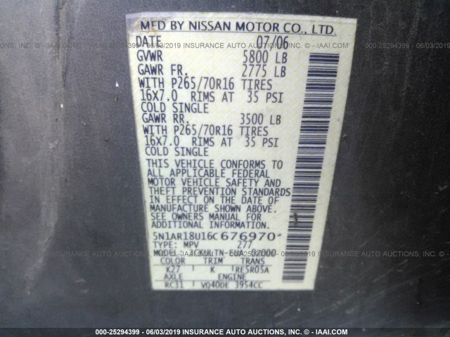 5N1AR18U16C676970 - 2006 NISSAN PATHFINDER LE/SE/XE GRAY photo 9