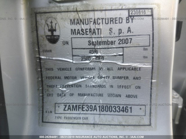 ZAMFE39A180033461 - 2008 MASERATI Quattroporte M139 SILVER photo 9