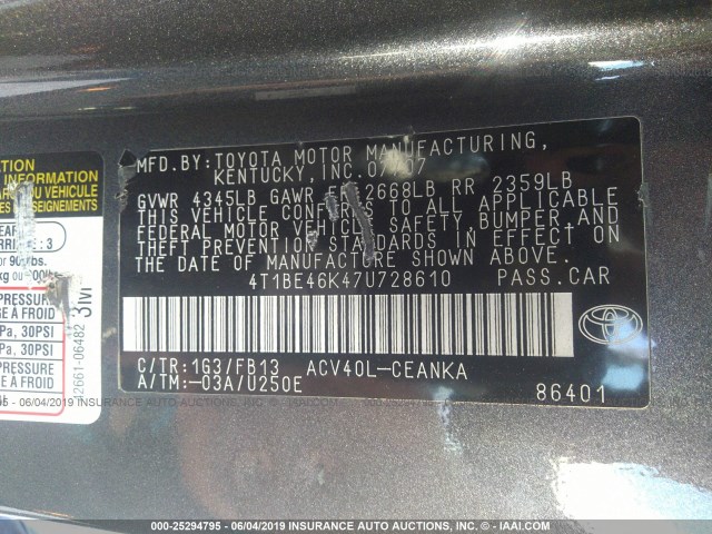 4T1BE46K47U728610 - 2007 TOYOTA CAMRY CE/LE/XLE/SE GRAY photo 9