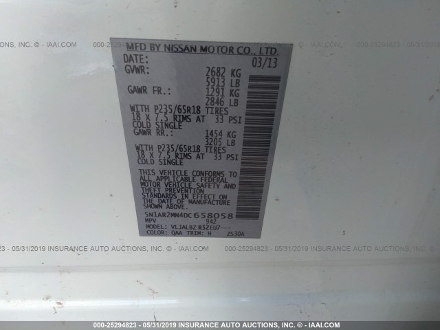 5N1AR2MN4DC658058 - 2013 NISSAN PATHFINDER S/SV/SL/PLATINUM WHITE photo 9