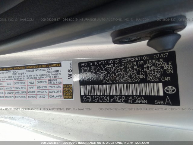 JTKDE167X80240299 - 2008 TOYOTA SCION TC SILVER photo 9