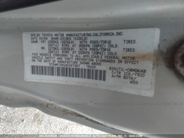 5TEWM72N14Z387907 - 2004 TOYOTA TACOMA XTRACAB SILVER photo 9