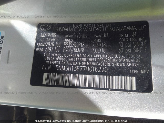 5NMSH13E77H016270 - 2007 HYUNDAI SANTA FE SE/LIMITED SILVER photo 9