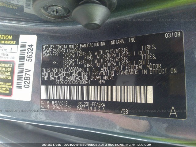 5TDZK23CX8S180941 - 2008 TOYOTA SIENNA CE/LE GRAY photo 9