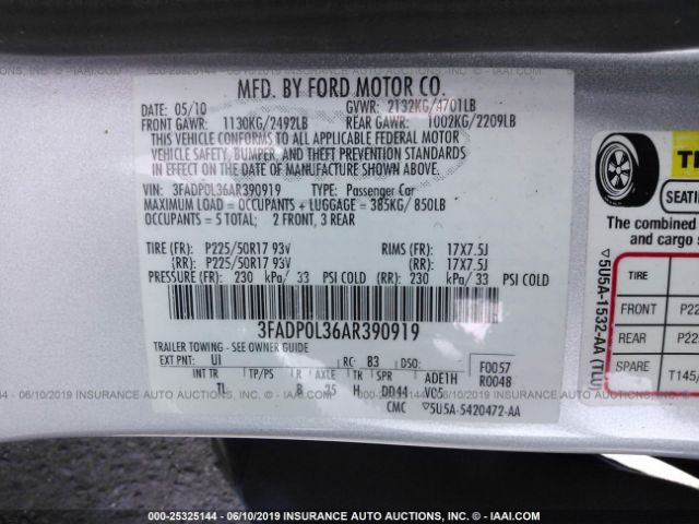 3FADP0L36AR390919 - 2010 FORD FUSION HYBRID Silver photo 9