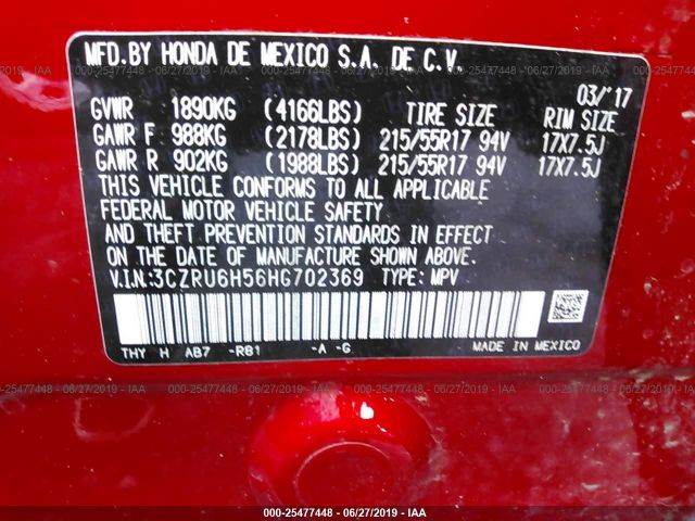 3CZRU6H56HG702369 - 2017 HONDA HR-V EX Red photo 9