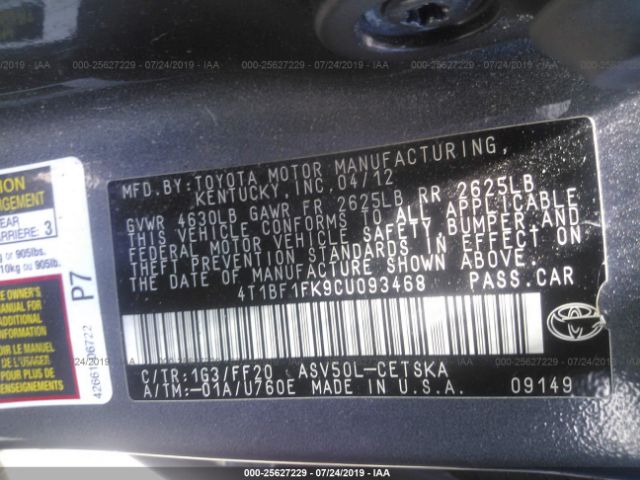 4T1BF1FK9CU093468 - 2012 Toyota Camry SE/LE/XLE Gray photo 9