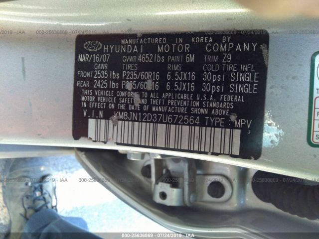 KM8JN12D37U672564 - 2007 HYUNDAI TUCSON SE/LIMITED Silver photo 9