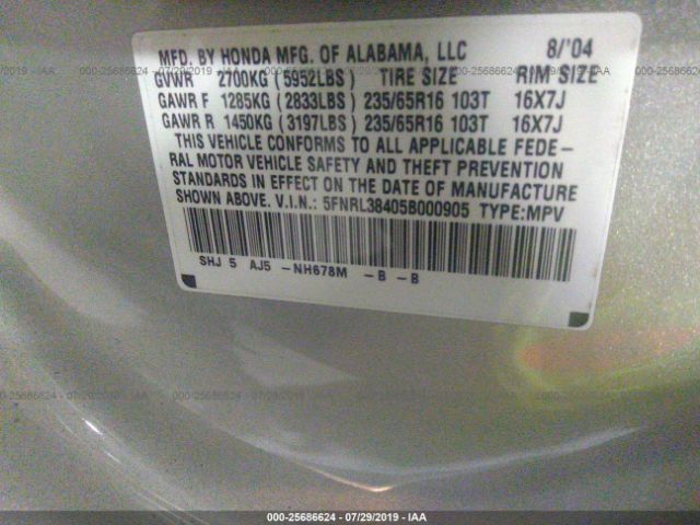 5FNRL38405B000905 - 2005 HONDA ODYSSEY EX Silver photo 9