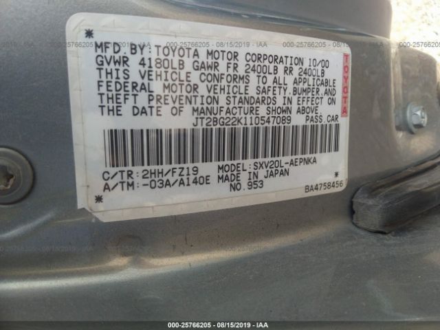 JT2BG22K110547089 - 2001 TOYOTA CAMRY CE/LE/XLE Gray photo 9