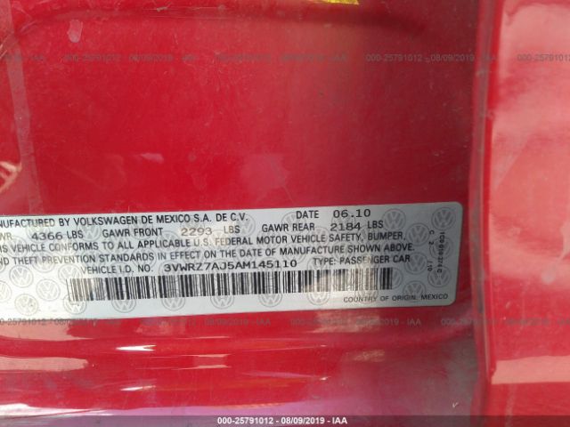 3VWRZ7AJ5AM145110 - 2010 VOLKSWAGEN JETTA SE/SEL Red photo 9