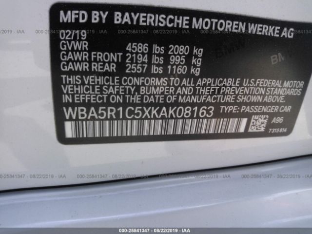 WBA5R1C5XKAK08163 - 2019 BMW 330I  White photo 9