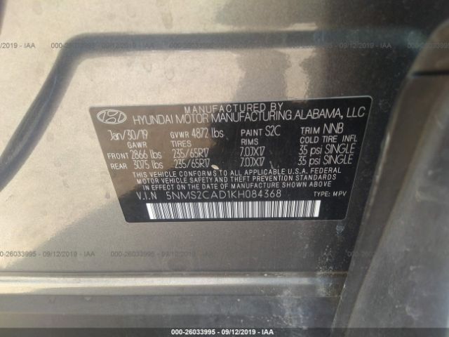 5NMS2CAD1KH084368 - 2019 HYUNDAI SANTA FE SE Gray photo 9