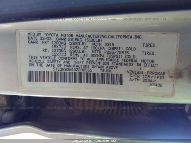 5TEGN92N13Z230955 - 2003 TOYOTA TACOMA DOUBLE CAB PRERUNNER Silver photo 9
